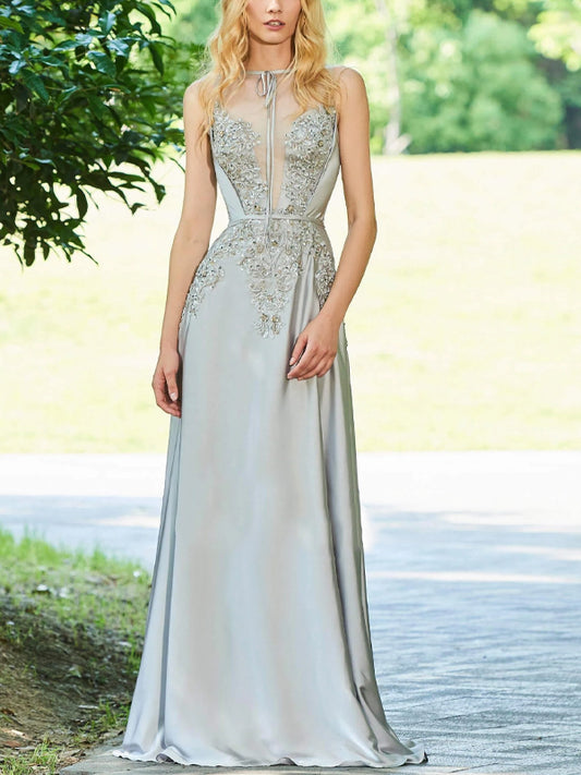 Round Neck Lace Solid Color Sleeveless Maxi Dress