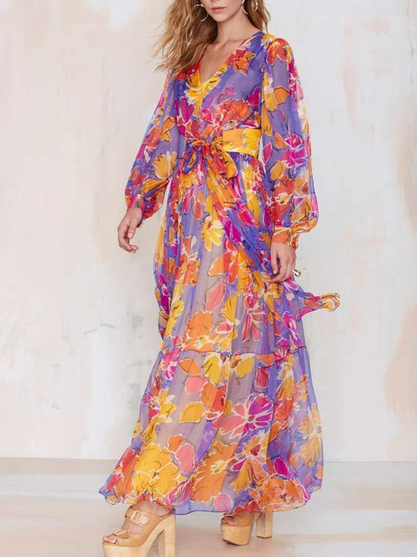 V-neck Chiffon Print Women's Skirt Suit