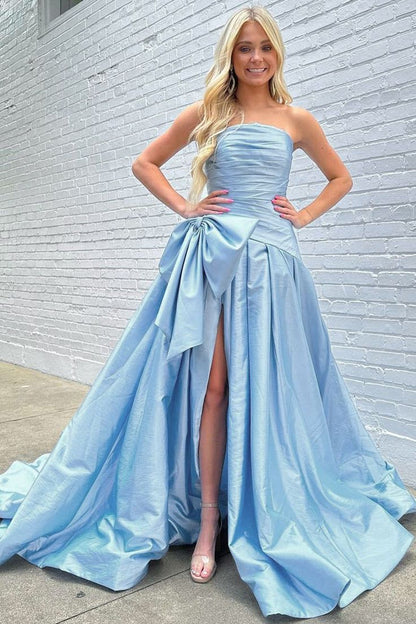 Strapless A-Line Satin Long Evening Prom Dresses With Bowknot