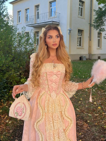 Pink Retro Sweet Fashion Exquisite Lace Square Neck Long Prom Dress Evening Dress Garden Party Dress  gh3785