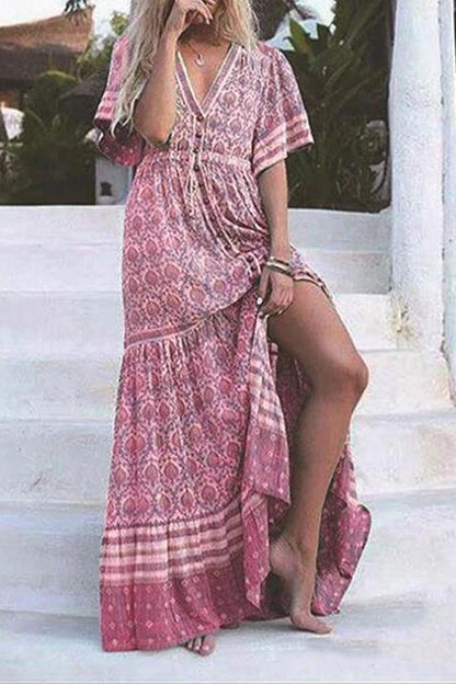 loveedsTM-Print V Neck Short Sleeve Maxi Dress