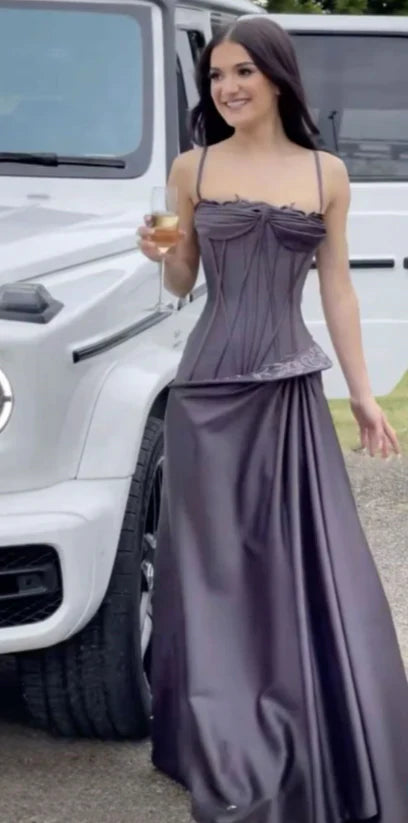 Purple vintage fashion spaghetti strap long satin prom dress, evening dress, party dress gh3525