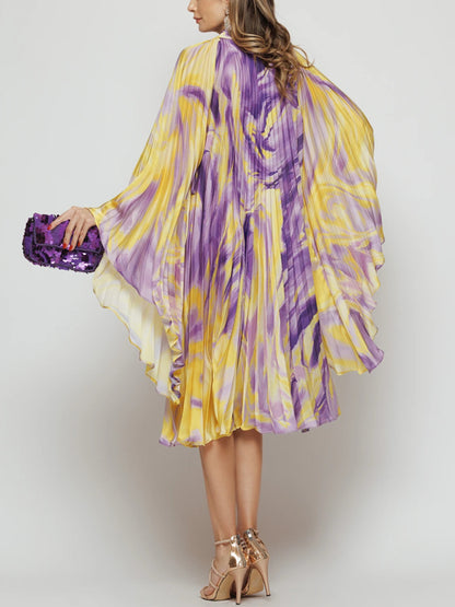 Pleated Elegant Chiffon Color Matching Ladies Dress