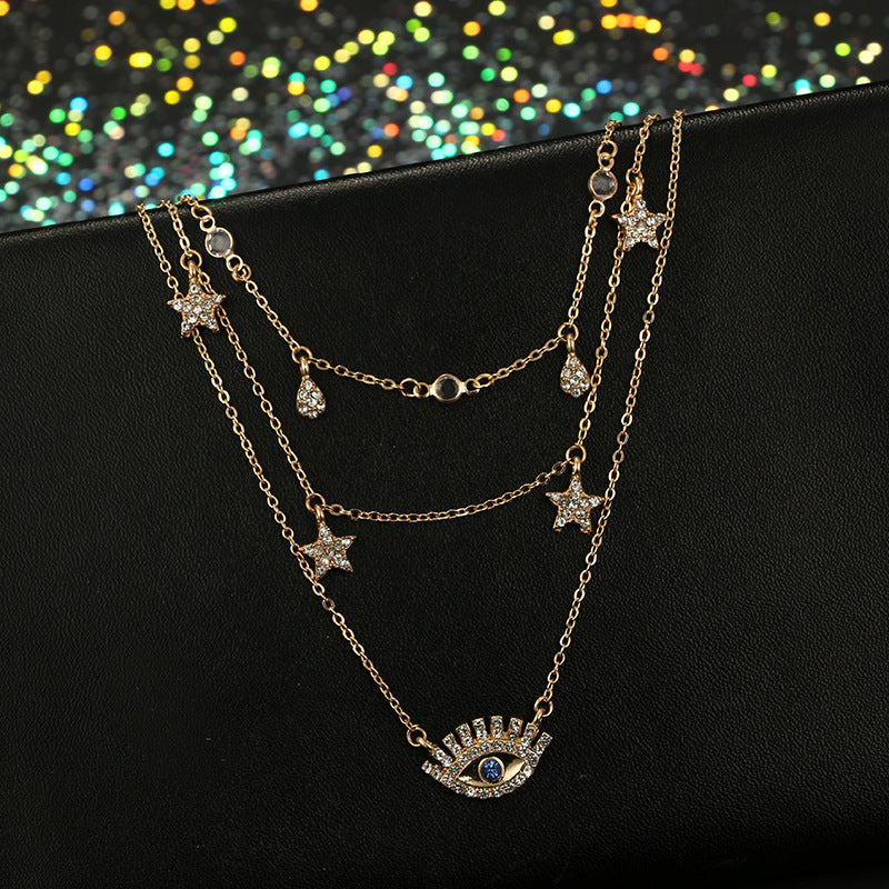 Water drop blue diamond multilayer necklace