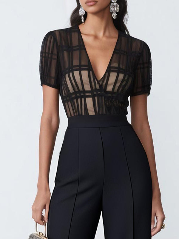 Women Black V Neck Short Sleeve Dressy Jumpsuit