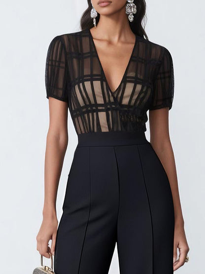 Women Black V Neck Short Sleeve Dressy Jumpsuit