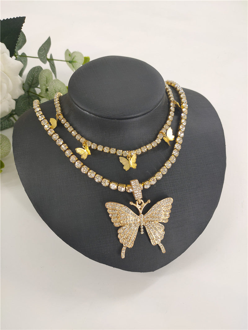 Personalized Butterfly Rhinestone Double Diamond Chain Necklace