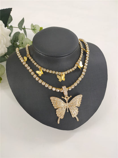 Personalized Butterfly Rhinestone Double Diamond Chain Necklace