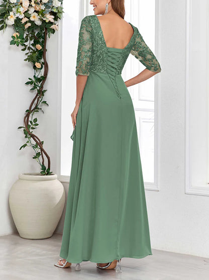 V Neck Half Sleeves Lace Appliques Long Chiffon Mother Of The Bride Dresses