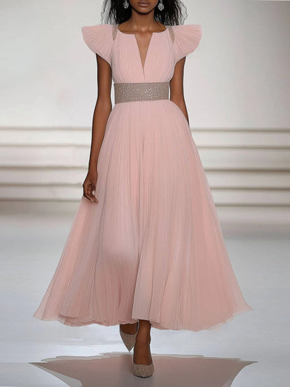 Party Dress Pink Chiffon V Neck Belted Maxi Dress