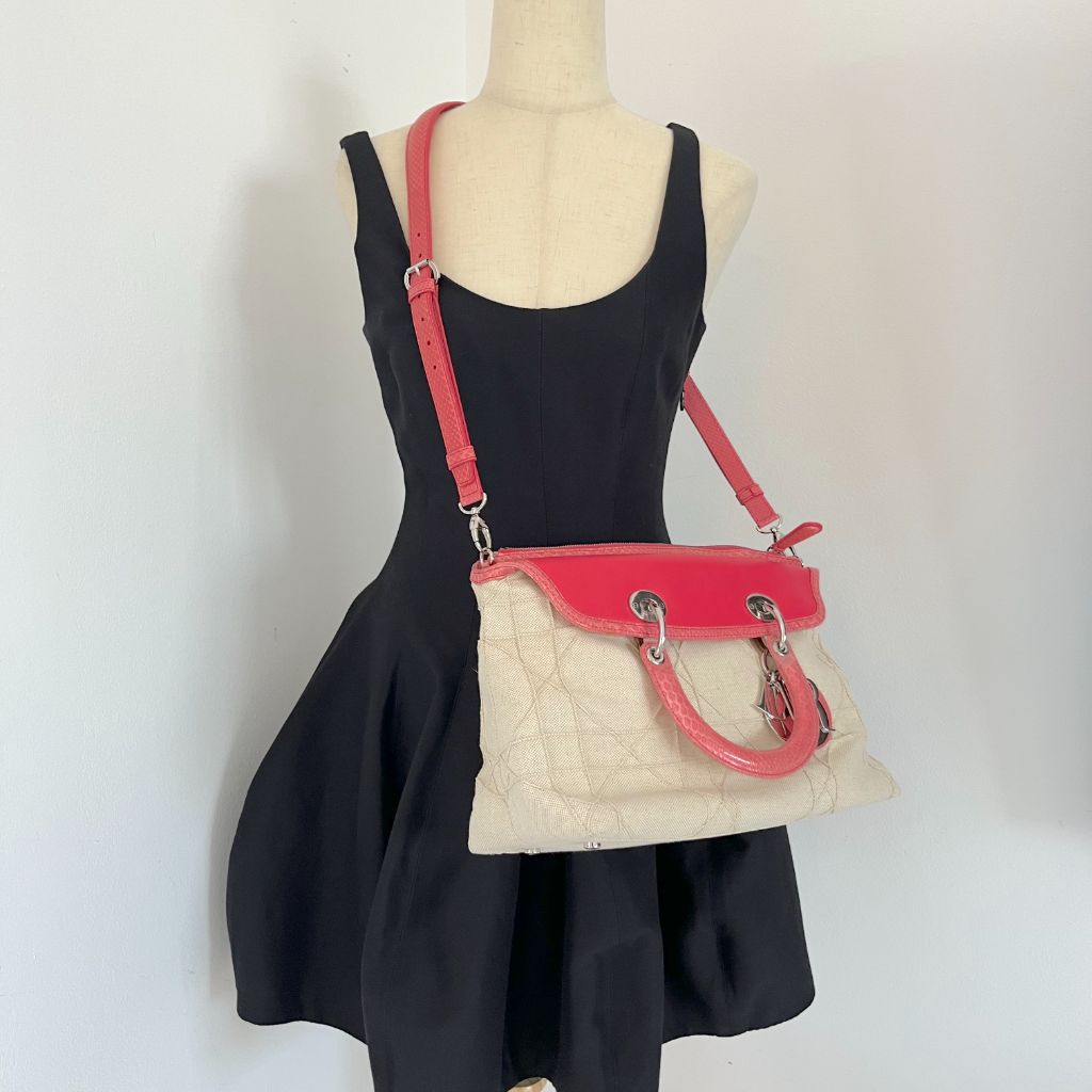Christian Dior beige canvas with pink python leather trim,