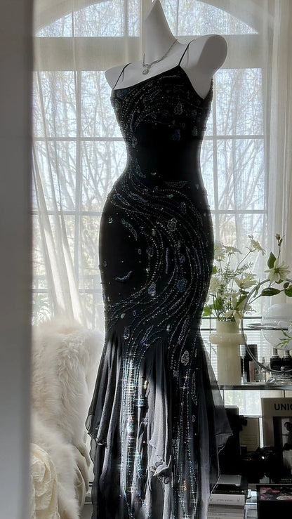 Charming Mermaid Spaghetti Strap Beaded Black Chiffon Prom Dress Evening Dress SH3364