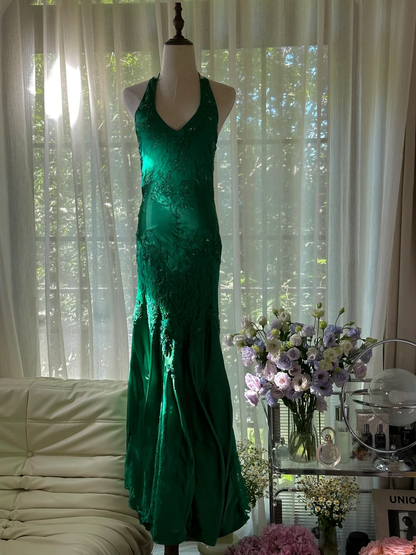 Green Gorgeous Shiny Fashion Elegant Delicate Lace Beading Long Satin Chiffon Fairy Ball Gown Evening Dress Birthday/Wedding Guest/Holiday Party Dress Prom Dress Valentine's Day Date Dress gh4037