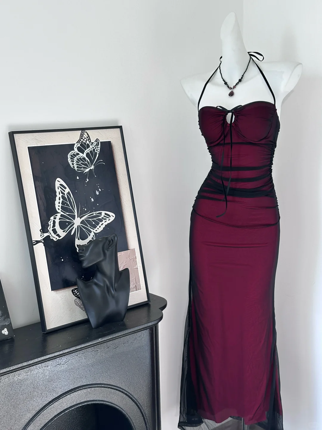 Vintage Spaghetti Straps Burgundy Bodycon Long Party Dress Birthday Dress S628
