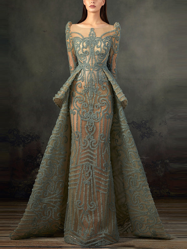 Round Neck Long Sleeve Lace Solid Color Maxi Dress