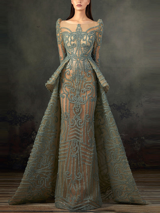 Round Neck Long Sleeve Lace Solid Color Maxi Dress