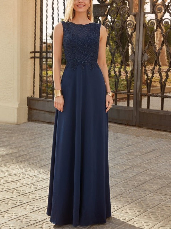 Round Neck Sleeveless Lace Solid Color Maxi Dress