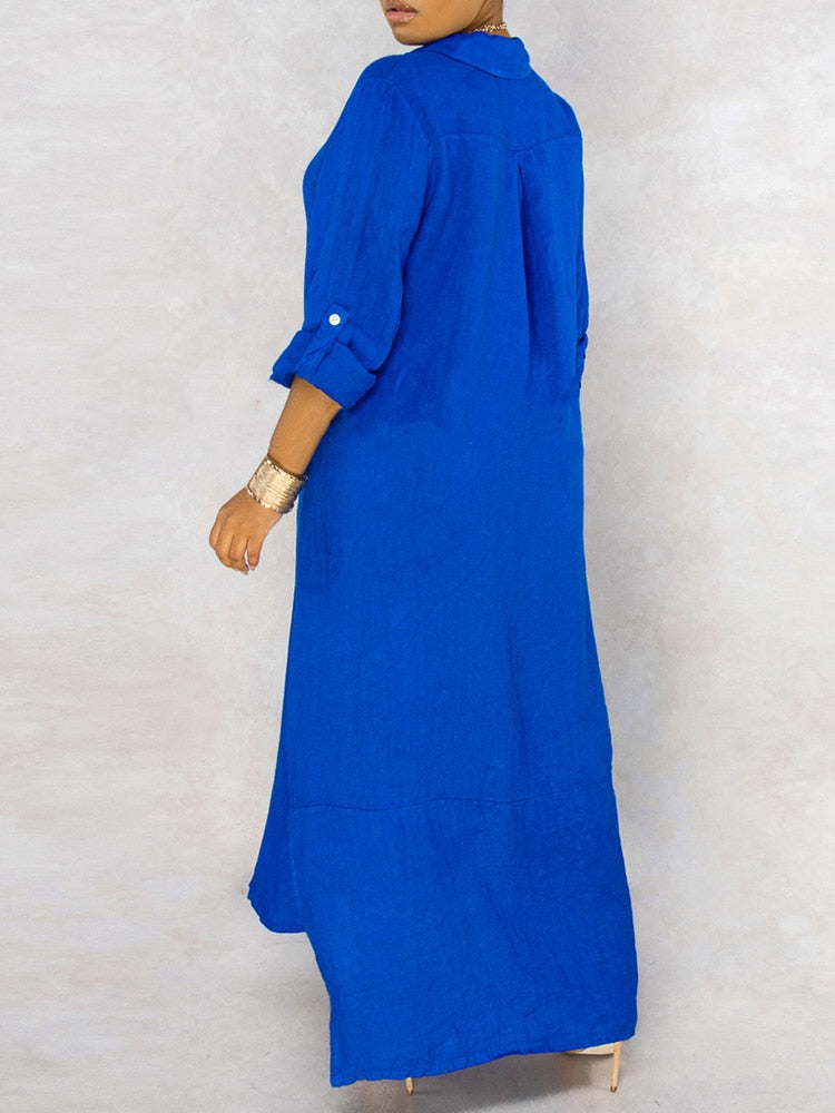 loveedsTM-Solid Button Maxi Shirt Dress