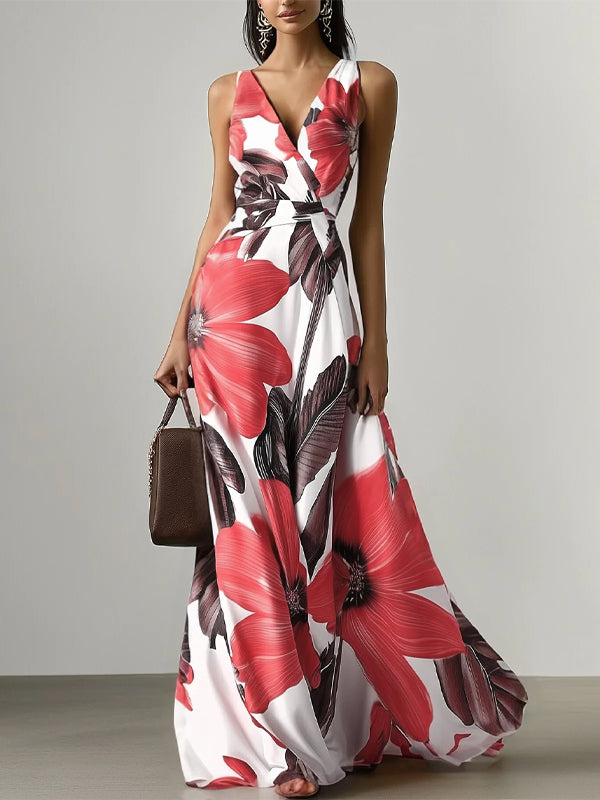 V-neck Sleeveless Printed Maxi Dress