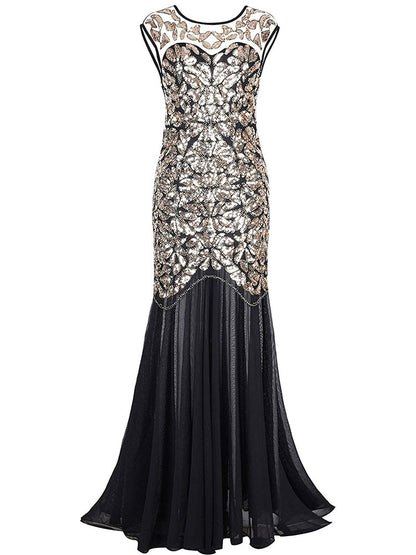 loveedsTM-Vestidos Vintage Mujer Sequins Beading Long Evening Dresses Formal Round Neck Lace Long Sexy Women Party Special Occasion