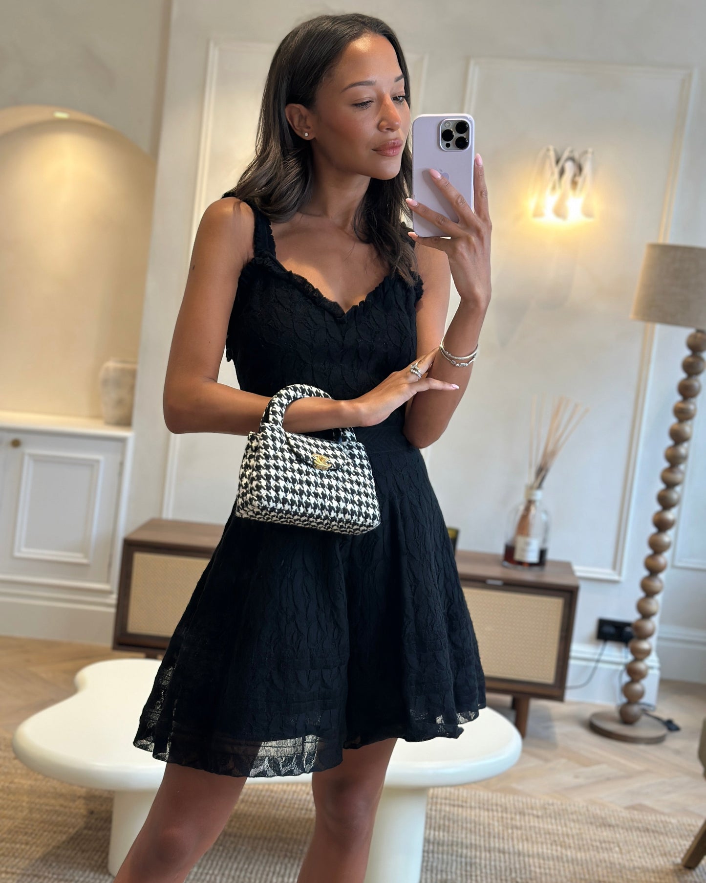 *HOT* Chanel Small Kelly Shopping Bag in Black & White Wool Houndstooth with Brushed Antique Gold Hardware