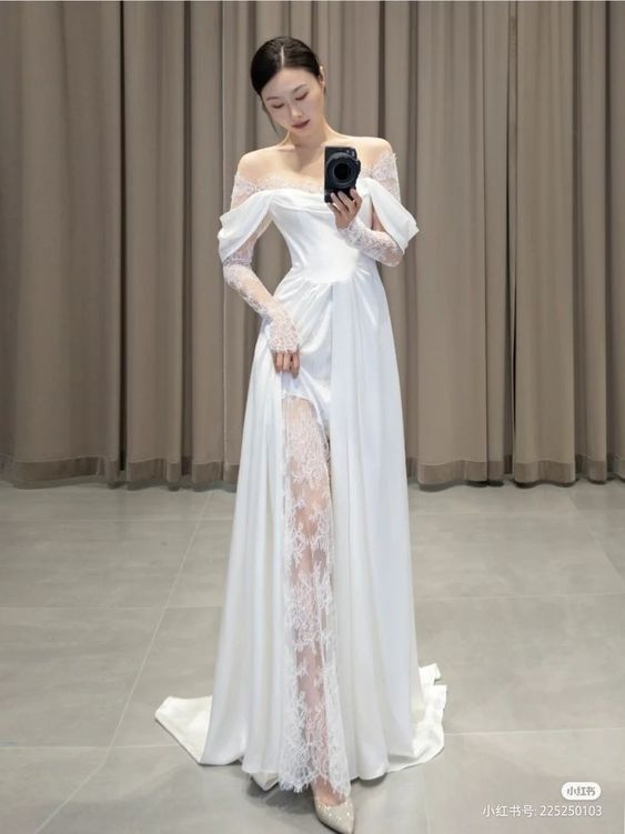 PM544,Ivory Lace Satin Wedding Dresses, Off The Shoulder Bridal Dresses