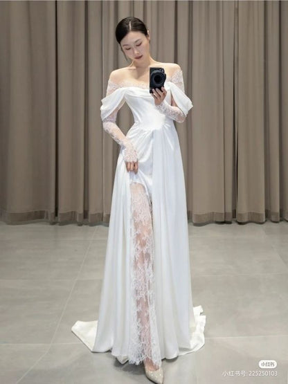 PM544,Ivory Lace Satin Wedding Dresses, Off The Shoulder Bridal Dresses