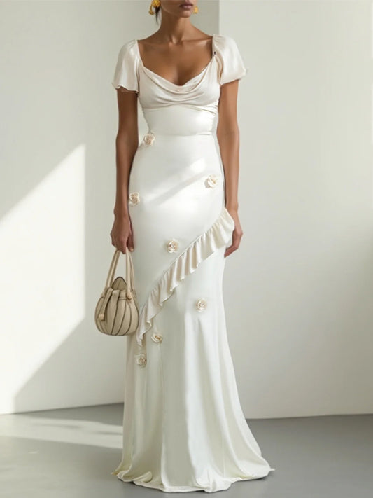 Off White Ruffled 3D Floral Satin Cowl Neck Short Sleeve Mermaid Gown Dress