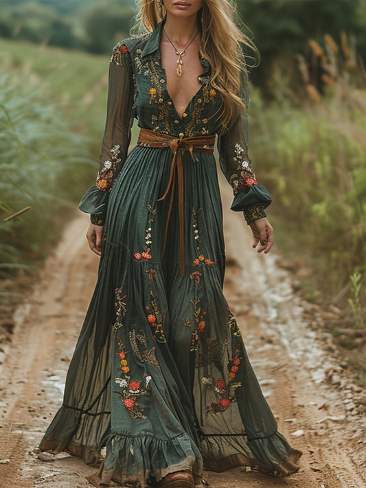 Lapel Printed Long Sleeves Maxi Dress
