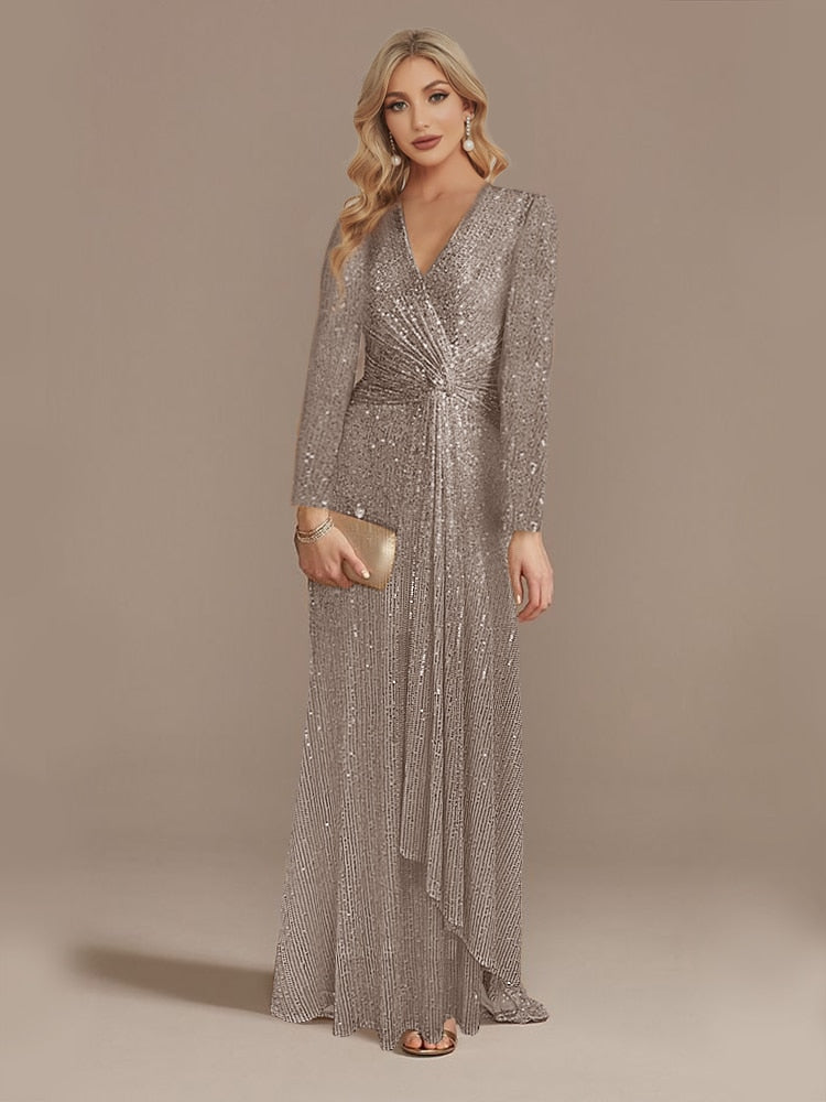 loveedsTM- Luxury Long Sleeve V-Neck Evening Dress Party Women Wedding Sequins For Female Guests Blue Prom Cocktail Dresses