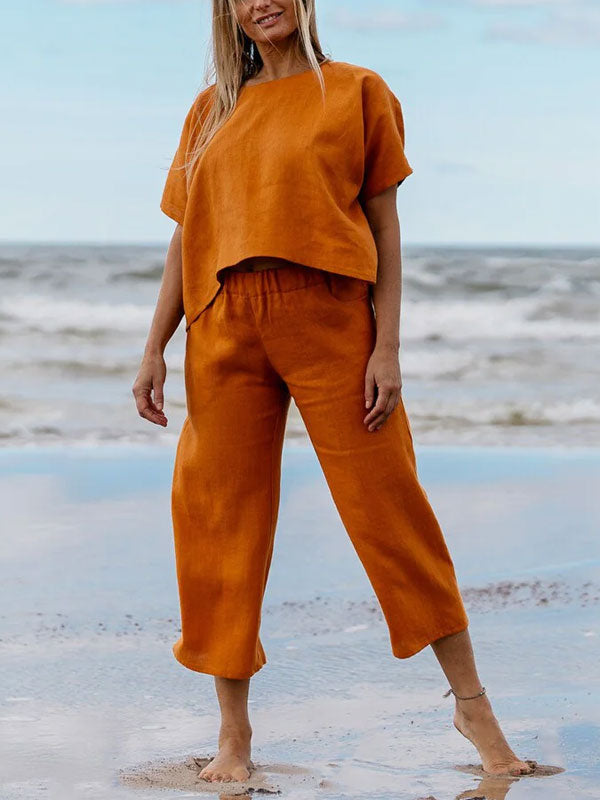 Casual Simple Solid Color Cotton Linen Women's Sets