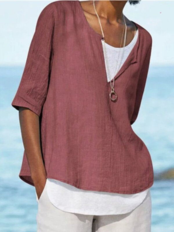 Solid Color Cotton And Linen Women's Shirt
