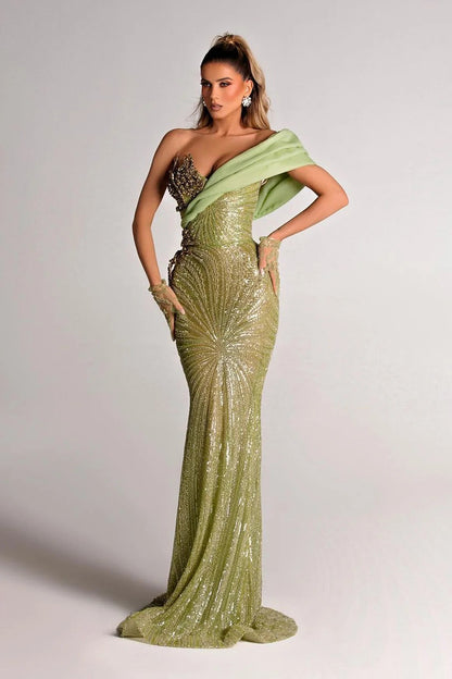 loveedsTM-Green sequined waist one shoulder dress-vx