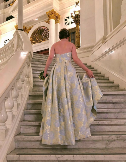 Elegant A Line Strapless Baby Blue Satin Long Prom Dress Evening Dress SH2173