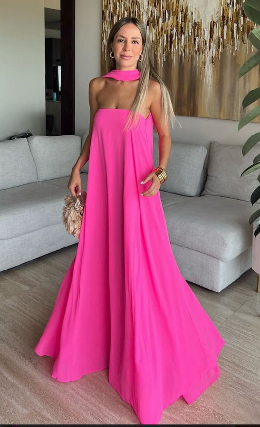 Pink Chiffon Fashion Casual Long Wedding Guest Party Dress Maternity Dress Pregnant Mother Dress Ball Dress  Prom Dress Evening Dress with Scarf gh4809