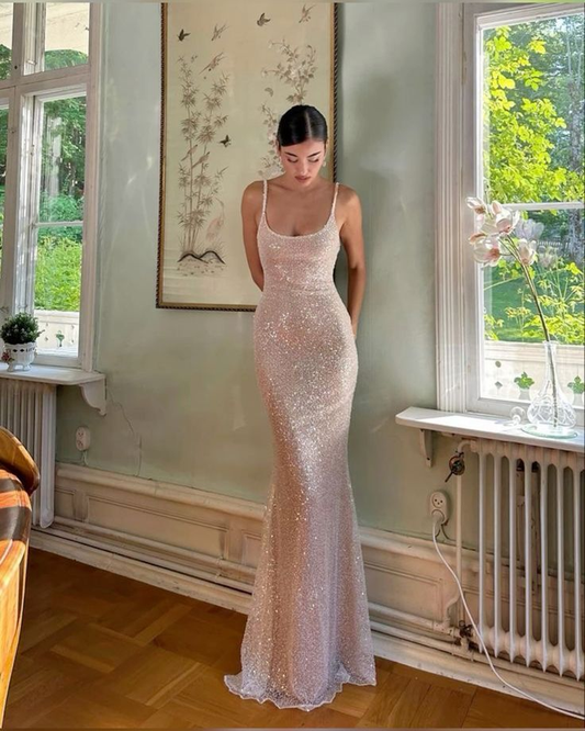Champagne Mermaid Straps Sequin Prom Dresses Maxi Dress 22th Birthday Outfits