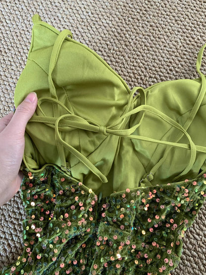 Green Vintage Fashion Shiny Elegant Spaghetti Straps Floor Length Velvet Sequin Ball Gown Evening Gown Party Dress Prom Gown gh3744