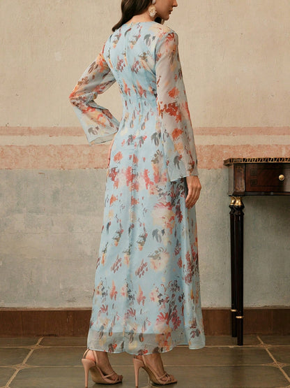 Women's Elegant Floral Print Long Sleeve Resort Dress