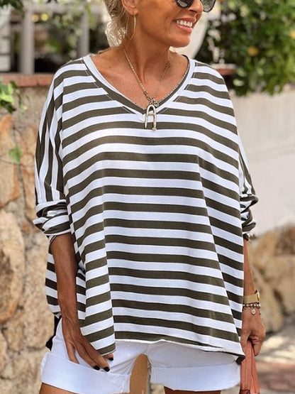 Striped Cotton Loose Pullover Everyday Ladies Tops