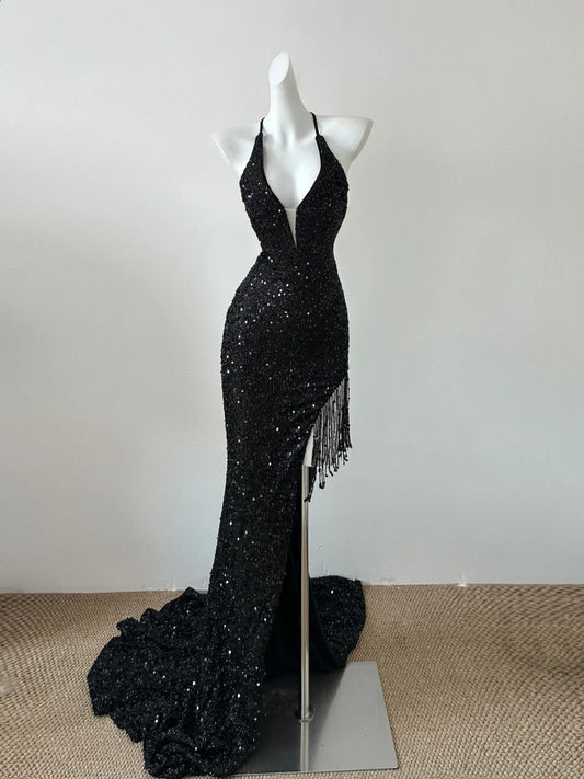 Black gorgeous V-neck shiny sexy elegant fringed mermaid slim floor-length tail long sequined ball gown evening dress party dress  Prom Dress gh3742