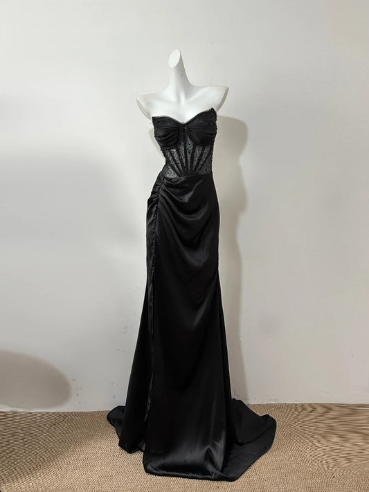 Black Sparkling Elegant Exquisite Beaded Long Floor Length Satin Sequin Ball Gown Evening Gown Party Dress gh4188