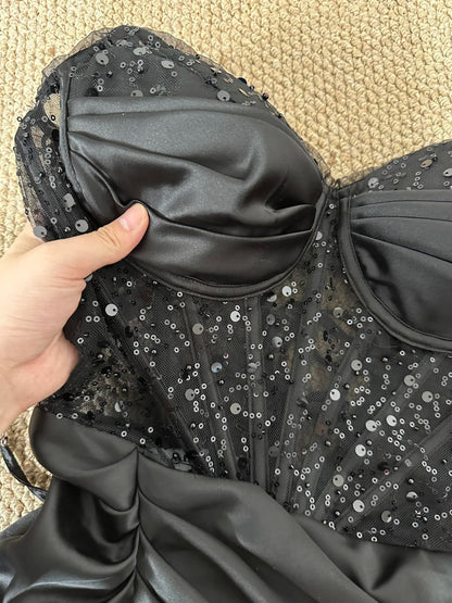 Black Sparkling Elegant Exquisite Beaded Long Floor Length Satin Sequin Ball Gown Evening Gown Party Dress gh4188