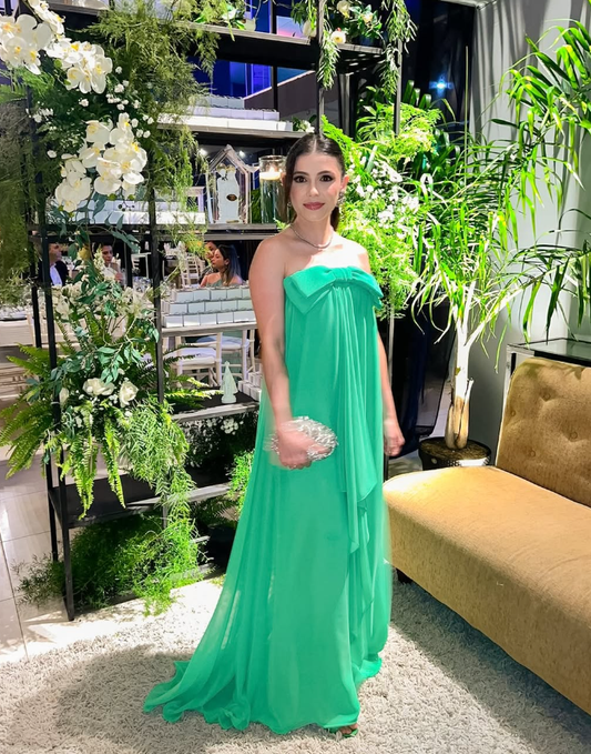 Cute A Line Strapless Bow Green Chiffon Long Prom Dress Graduation Prom Dress SH2457