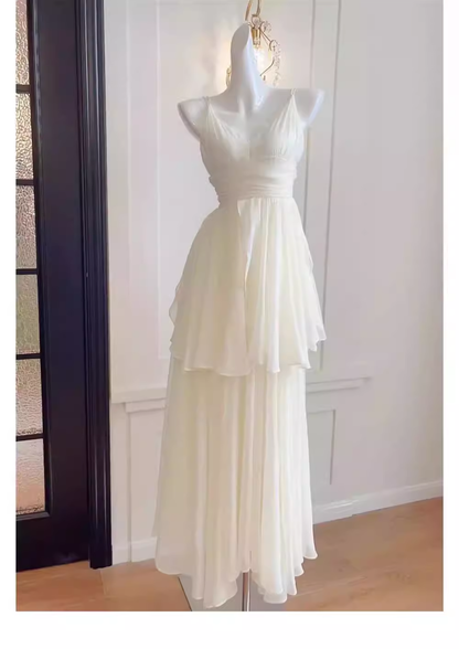 Simple A line Spaghetti Straps White Chiffon Long Ruffles Party Dresses Birthday Dress SD579