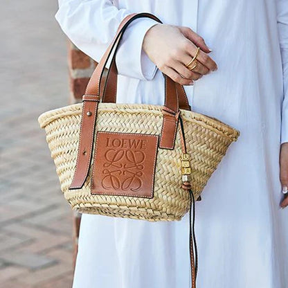 Loewe Brown/Cream Raffia and Leather Basket Tote