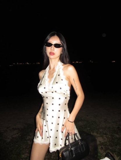 Cute A Line Halter Polka Dot Lace Satin Short Homecoming Dress Cocktail Dress SH3193