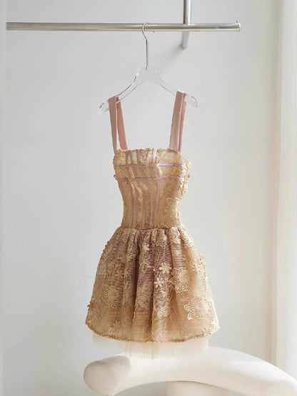 Simple A Line Square Gold Lace Short Formal Homecoming Dresses Party Graduation Dress Dance Hoco Dresses DH2773