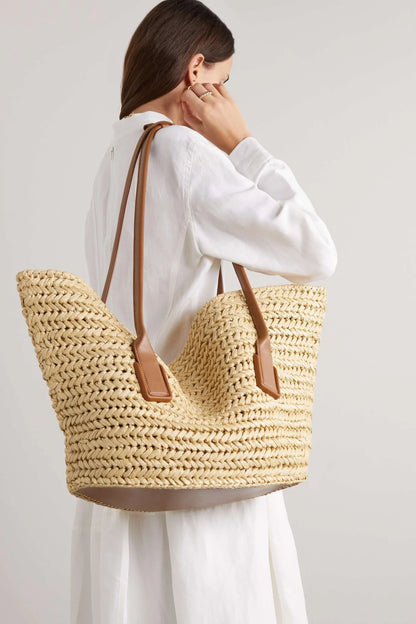 BOTTEGA VENETA Medium leather-trimmed raffia tote