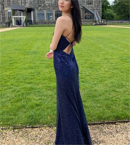 Navy Blue V Neck Long Sequin Evening Dress Prom Dress SH1105