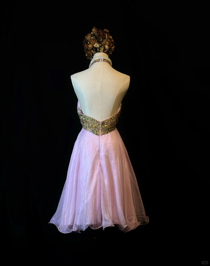 Vintage Pink Halter Beaded A Line Mini Party Dress Homecoming Dress S427